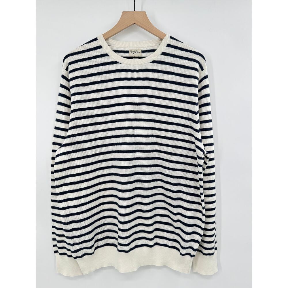 J Crew Men's Cotton Pique-Stitch Sweater Navy White Pullover Knit XL NWT